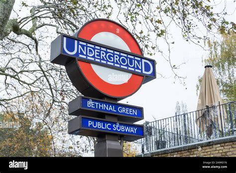 Roundel Outside Bethnal Green Underground Station London Uk Stock