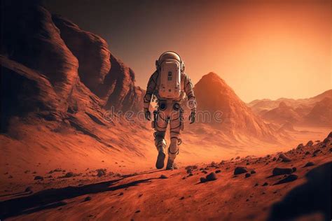 Astronaut Exploring Planet Mars With Mountains Created Using