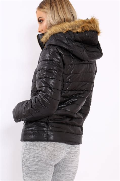 Black Shiny Puffer Coat With Fur Hood Idy