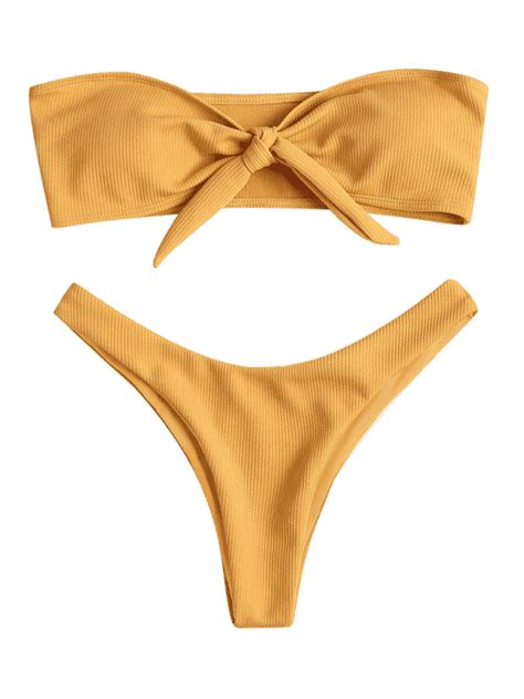 Bowknot Rib Bandeau Bikini Set Golden Brown M Bikinis Bikini Set