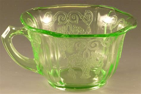 lorain depression glass beautiful basket pattern in green and yellow from indiana