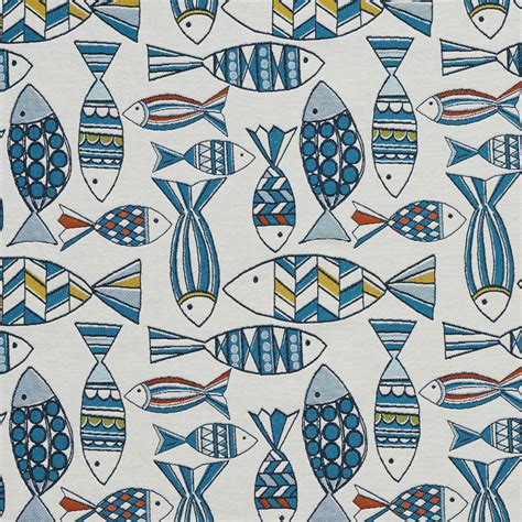 Blue And Teal On White Marine Nautical Small And Large Fish Pattern