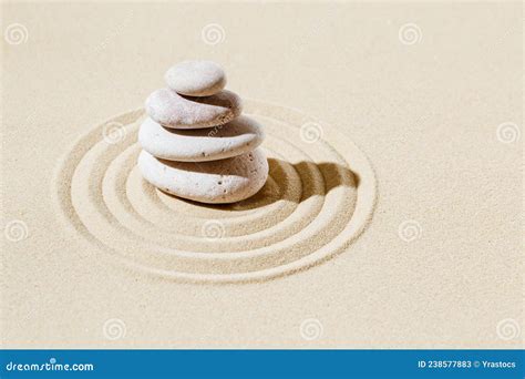 Zen Garden Meditation Sandy Background With Stone Cairn And Lines On Sand Relaxation Balance