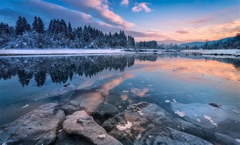 Nature Photography Landscape Winter River Sunset Snow Trees Hills