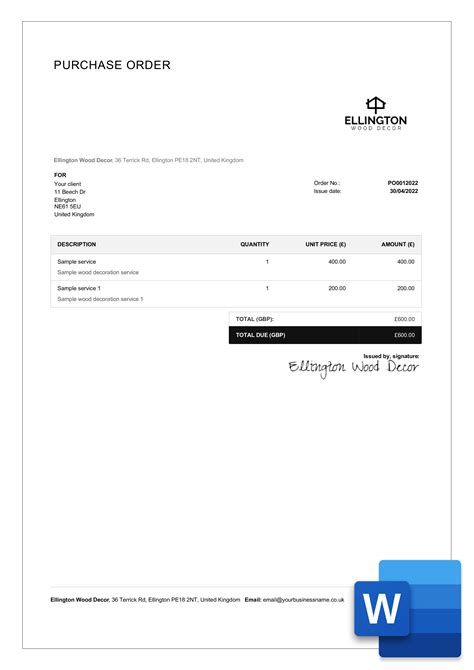 Free Purchase Order Word Template Download Billdu