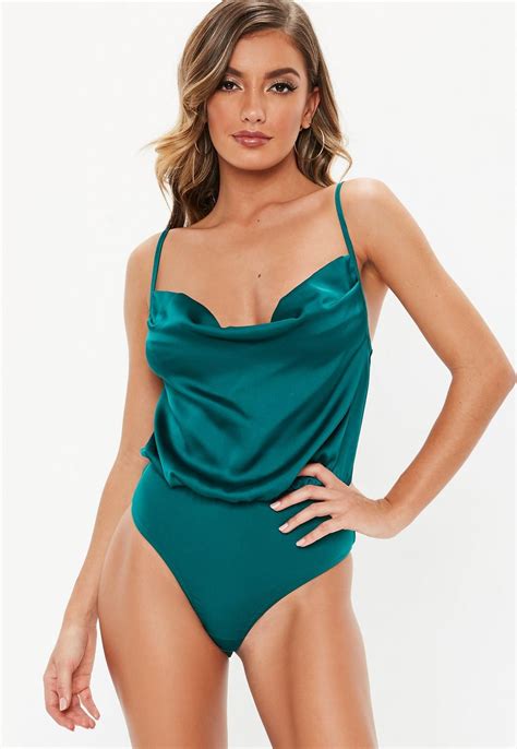 missguided teal strappy back satin bodysuit womens tops women fashion