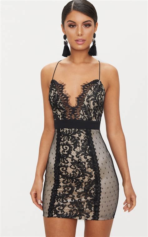 Black Lace Panel Plunge Bodycon Dress Prettylittlething