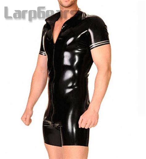 Man Latex Short Sleeve Catsuit Rubber Latex Bodysuits With Front Crotch