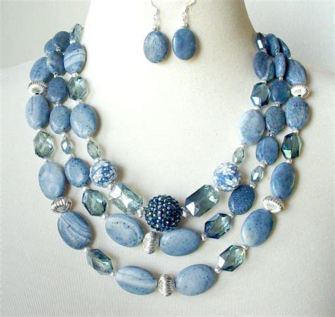 Denim Blue Gemstone Statement Necklace Multi Strand Big Bold Chunky