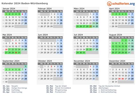 Kalender 2024 Ferien Baden Württemberg Feiertage