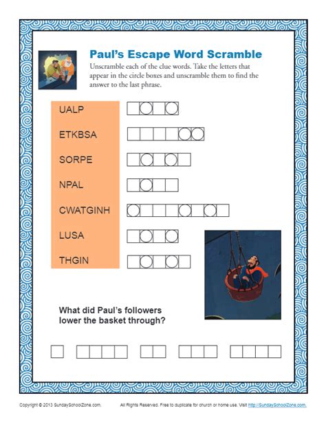 Paul Escaped Damascus In A Basket Word Scramble Bible Activities For Children