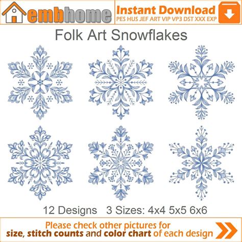 Folk Art Snowflakes Machine Embroidery Designs Instant Download 4x4 5x5