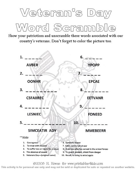 Veterans day coloring pages and free printable learning activities and coloring sheets. Veterans Day Word Scramble : Printables for Kids - free ...