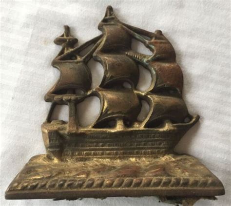 Antique Cast Iron Brass Plated Sailboat Ship Bookend Heavy Nautical