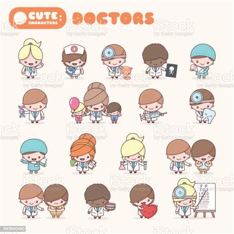 Cute Chibi Kawaii Characters Profession Set Doctors Stock Illustration