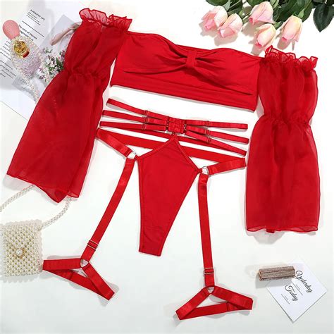 sex hot red mesh lingerie erotic see through underwear suit strappy garter see through bikini