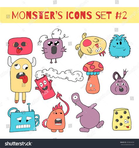 Set Doodle Monsters Icons Bright Colors Stock Illustration 459804658