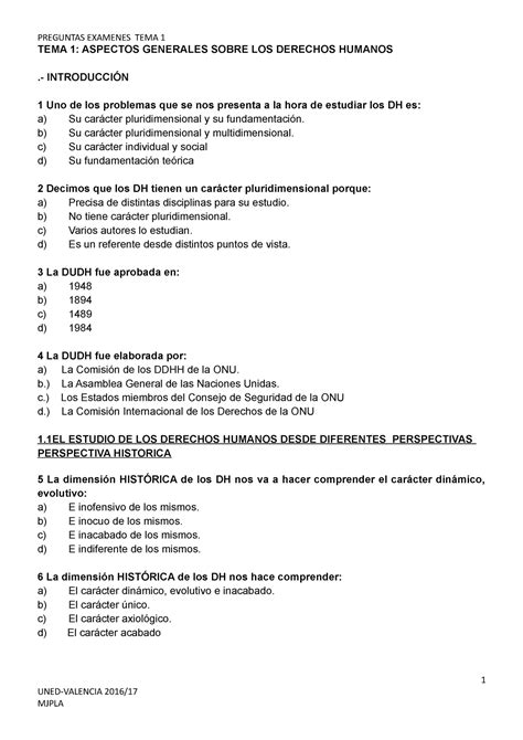 Preguntas Examen T1 DDHH Con Respuestas TEMA 1 ASPECTOS GENERALES