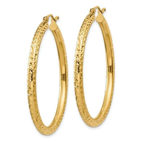 K Kt Yellow Gold Diamond Cut Mm Round Hoop Earrings Pair Mm Ebay