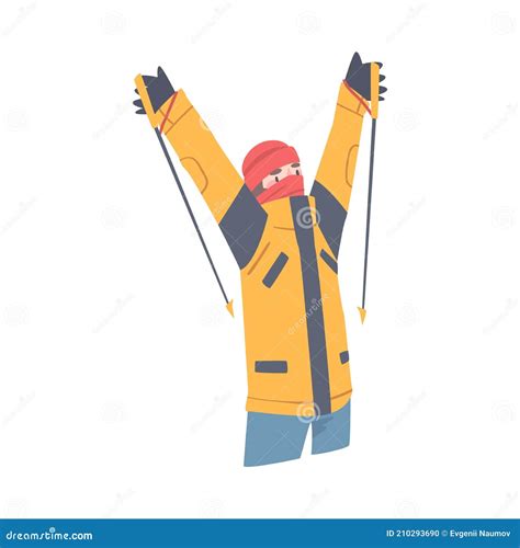 Man Character With Alpenstock Cheering About Ascending Mountain Peak