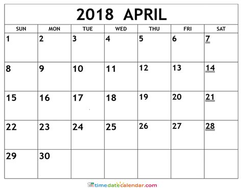 April 2018 Calendar South Africa Free Printable Template Download