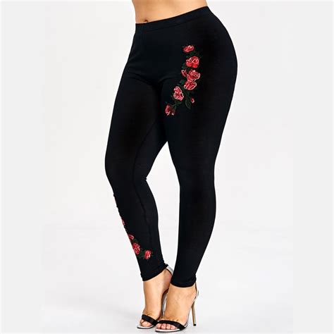 Wipalo Plus Size Xl Sexy Embroidery Floral Black Leggings Pants Women