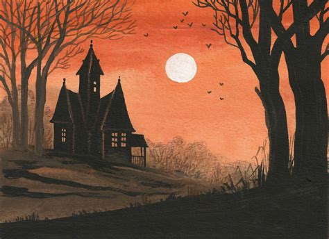 Aceo Print Of Painting Halloween Folk Art Ryta Haunted House Spooky