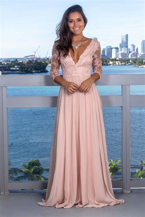 Blush V Neck Maxi Dress With 34 Sleeves In 2021 Blush Colored