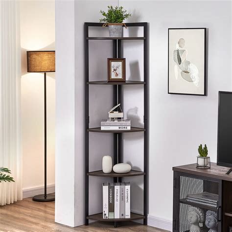 Fatorri Rustic Tall Corner Bookshelf 5 Tier Industrial Corner Shelf