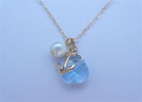 Aquamarine Necklace With Anchor And Pearl Aquamarine Anchor Necklace