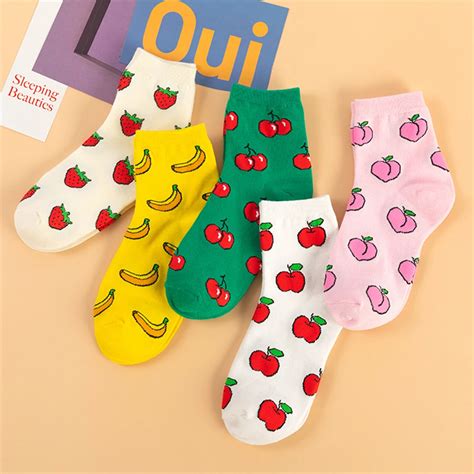 Creative Funny Cotton Women Socks Happy Fruit Peach Strawberry Banana Cherry Apple Cute Bright
