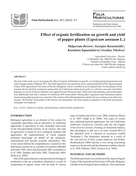 pdf effect of organic fertilization on growth and yield of pepper plants capsicum annuum l