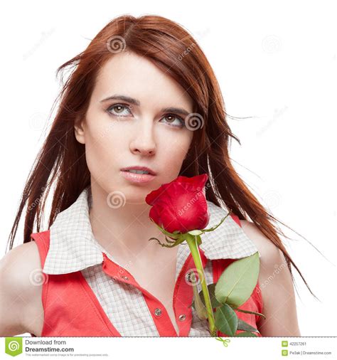 Attractive Thoughtful Girl Holding Red Rose Stock Image Image Of