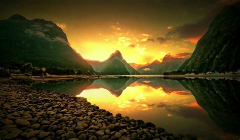 New Zealand Mountains Rocks Reflection River Sunset