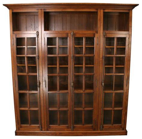 New Oak Bookcase Four Glass Doors Consigned Antique Traditional