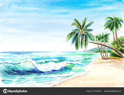 Seascape Summer Tropical Beach Golden Sand Waves Palmes Hand Drawn