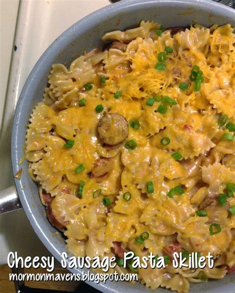 Creamy, cheesy pasta with italian sausage pieces. Mormon Mavens in the Kitchen: Cheesy Sausage Pasta Skillet