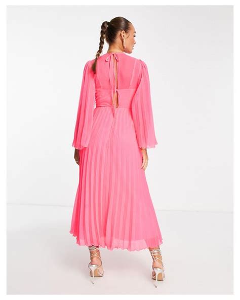 Asos Tie Back Fluted Sleeve Pleated Midi Dress In Pink Lyst