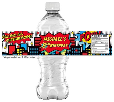 20 Superhero Water Bottle Labels Self Adhesive
