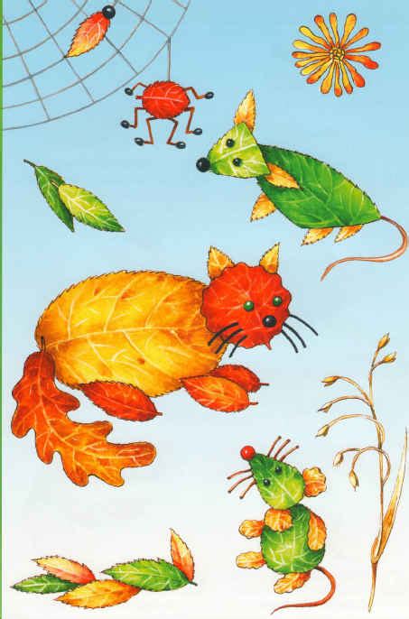Осенние поделки для детей, аппликация из листьев - Кот и мышка / Поделки из природного материала ...
