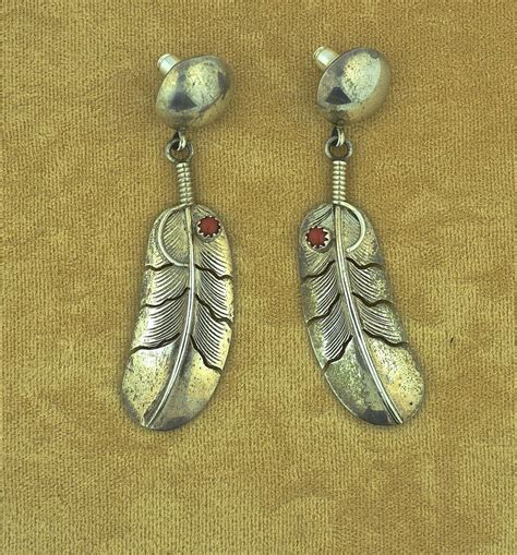 Vintage Native American Sterling Feather Earrings With Coral Feather