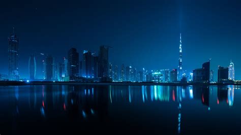 City Night Buildings Reflection Lights Nightscape Wallpaper