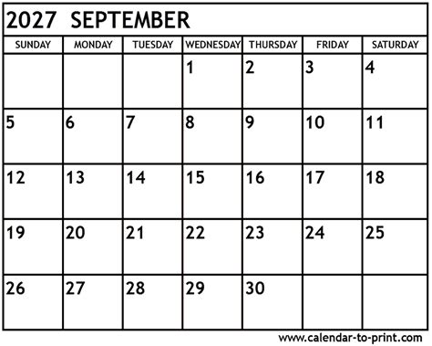 September 2027 Calendar Printable