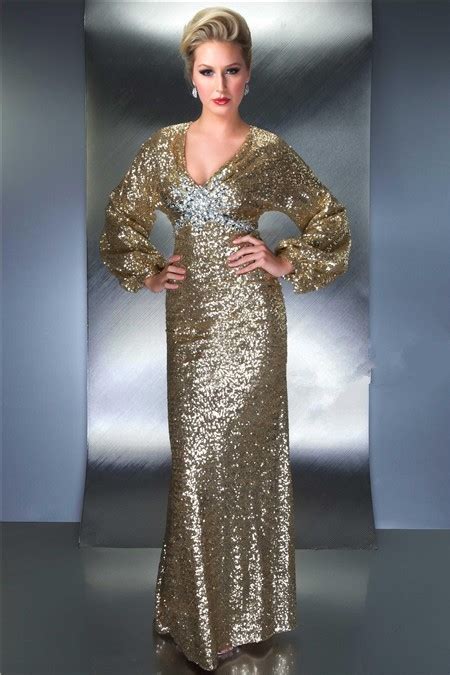 Sheath V Neck Empire Waist Backless Long Sleeve Champagne Sequin Beaded Evening Prom Dress