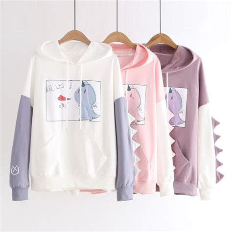 Kawaii Cartoon Dinosaur Print Hoodie In 2021 Hoodie Print Sweater