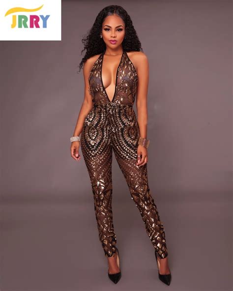 Jrry Sexy Deep V Neck Halter Neck Women Sequin Jumpsuit Sleeveless