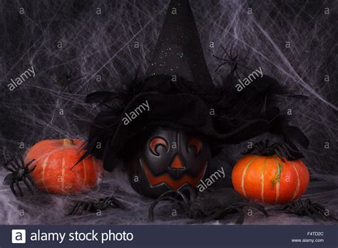 Halloween Pumpkins Spider Spider Web Witch Hat Selective Focus Opy