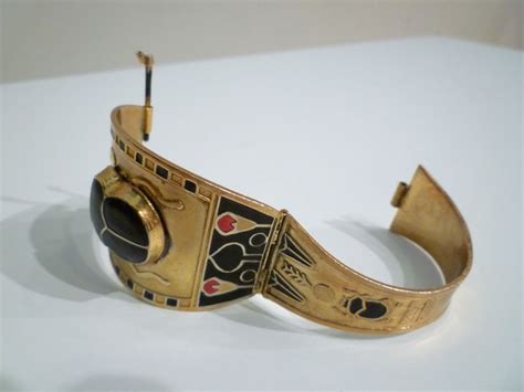 Egyptian Revival Brass And Enamel Scarab Cuff At 1stdibs