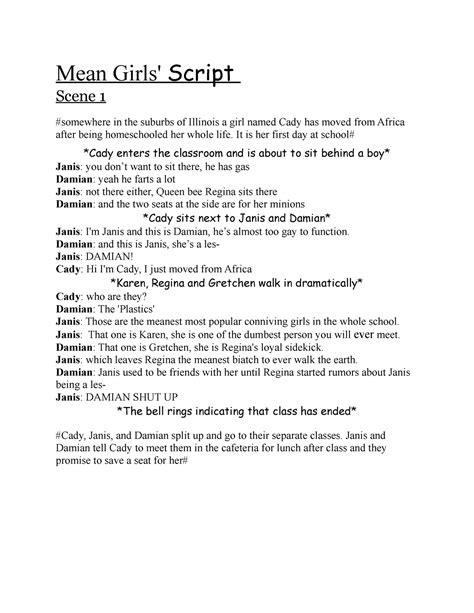 Mean Girls ~ Script Mean Girls Script Scene 1 Somewhere In The