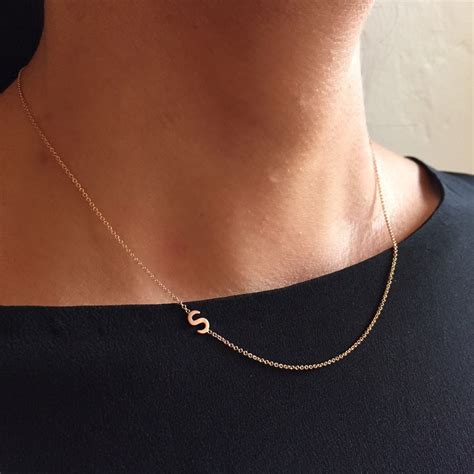 K Gold Sideways Side Initial Necklace Gold Letter Necklace Etsy